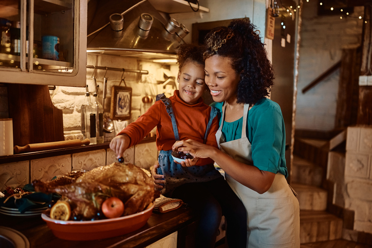 mother and child preparing Thanksgiving turkey